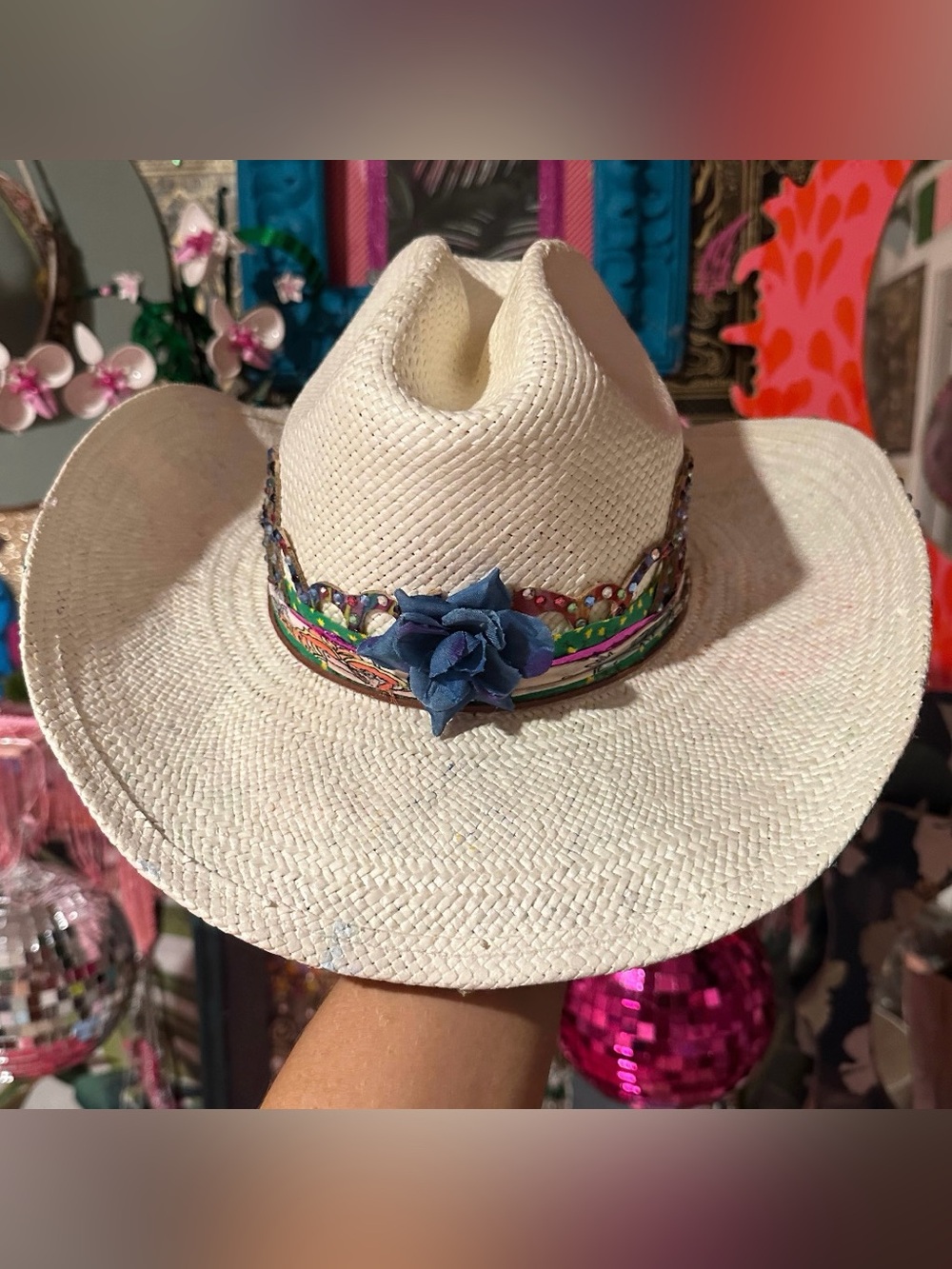 Cream straw cowboy hat with floral hand drawn and crystal embellished detail
